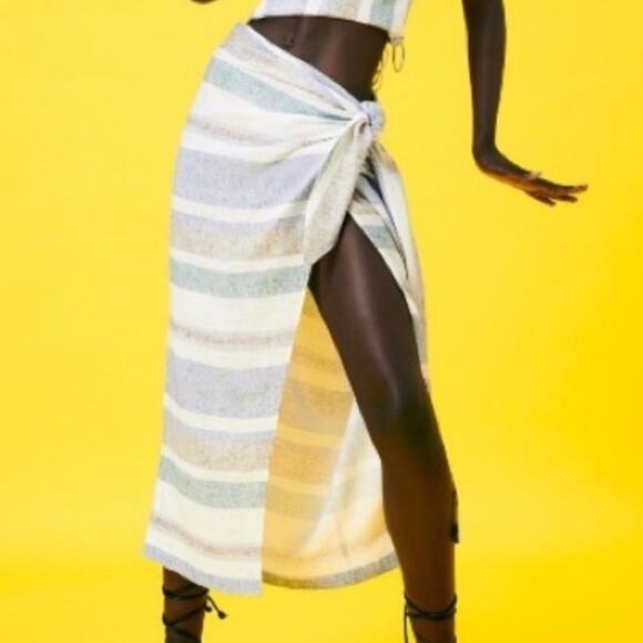 Zara Blue Green Striped Wrap Skirt - Picture 2 of 7